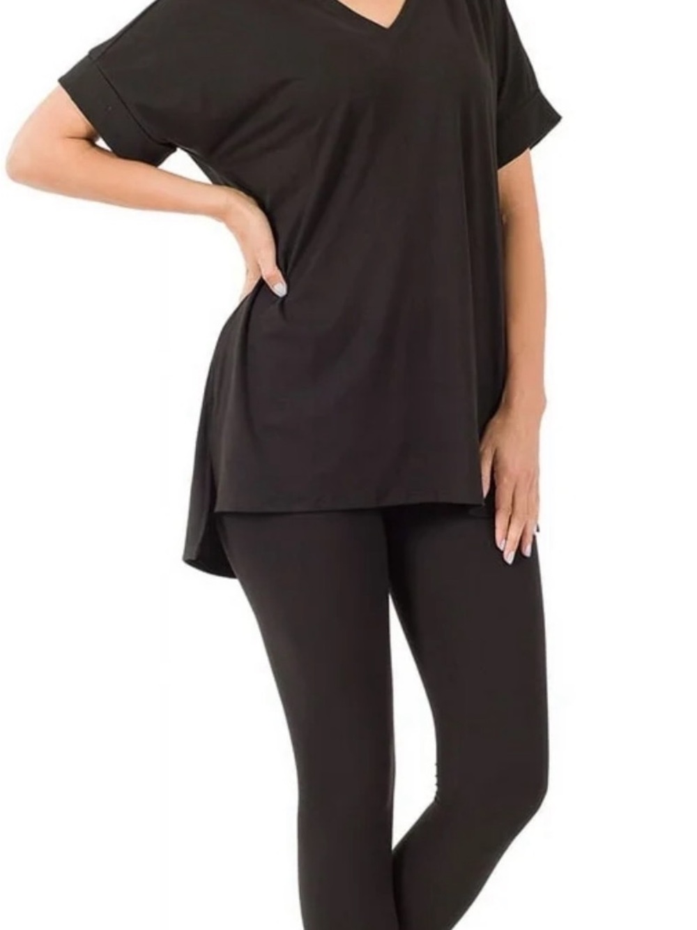 Zenana Outfitters Black V-Neck Short Sleeve Tunic Top and Buttery Soft Leggings.